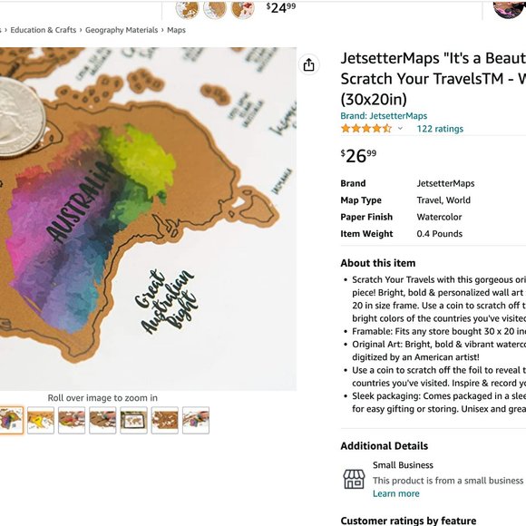 JetsetterMaps "It's a Beautiful World-Scratch Your Travels" - World Map 30x20" - Picture 4 of 8